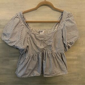 Old Navy 100% Cotton Blue White Stripe Puff Sleeve Crop Top Medium GC